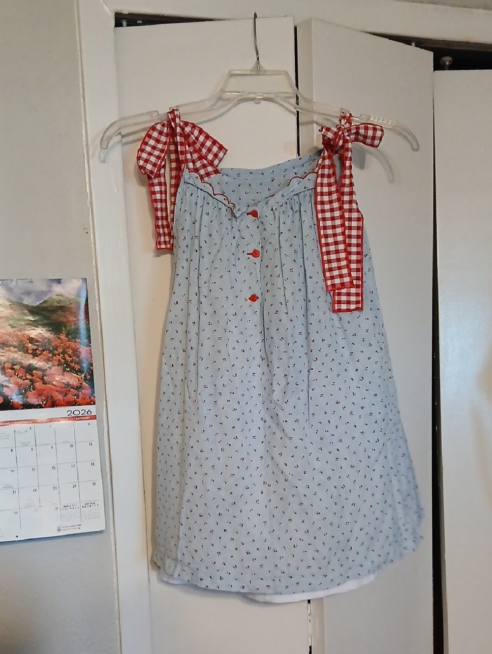 Light Blue Floral Sundress with Red Gingham Tie Straps